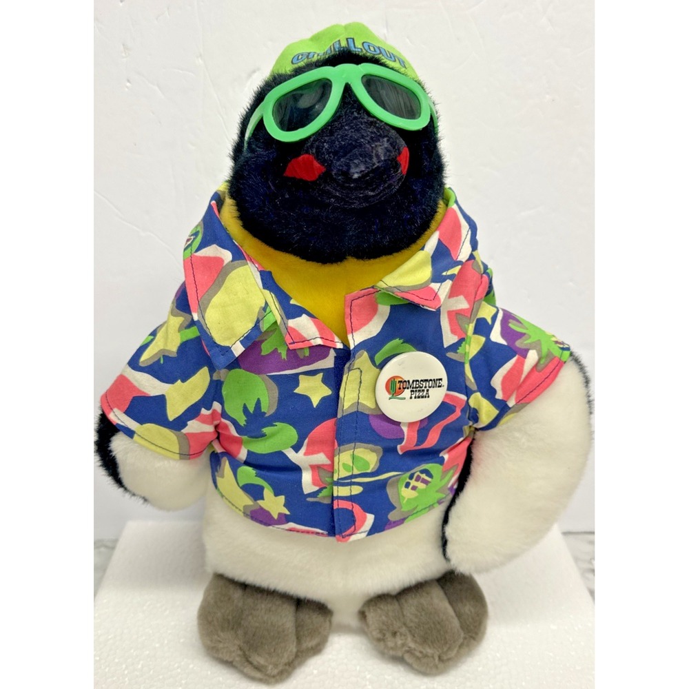 Tombstone Pizza Chill Out Emperor Penguin Plush animal Hawaiian Shirt Sunglasses